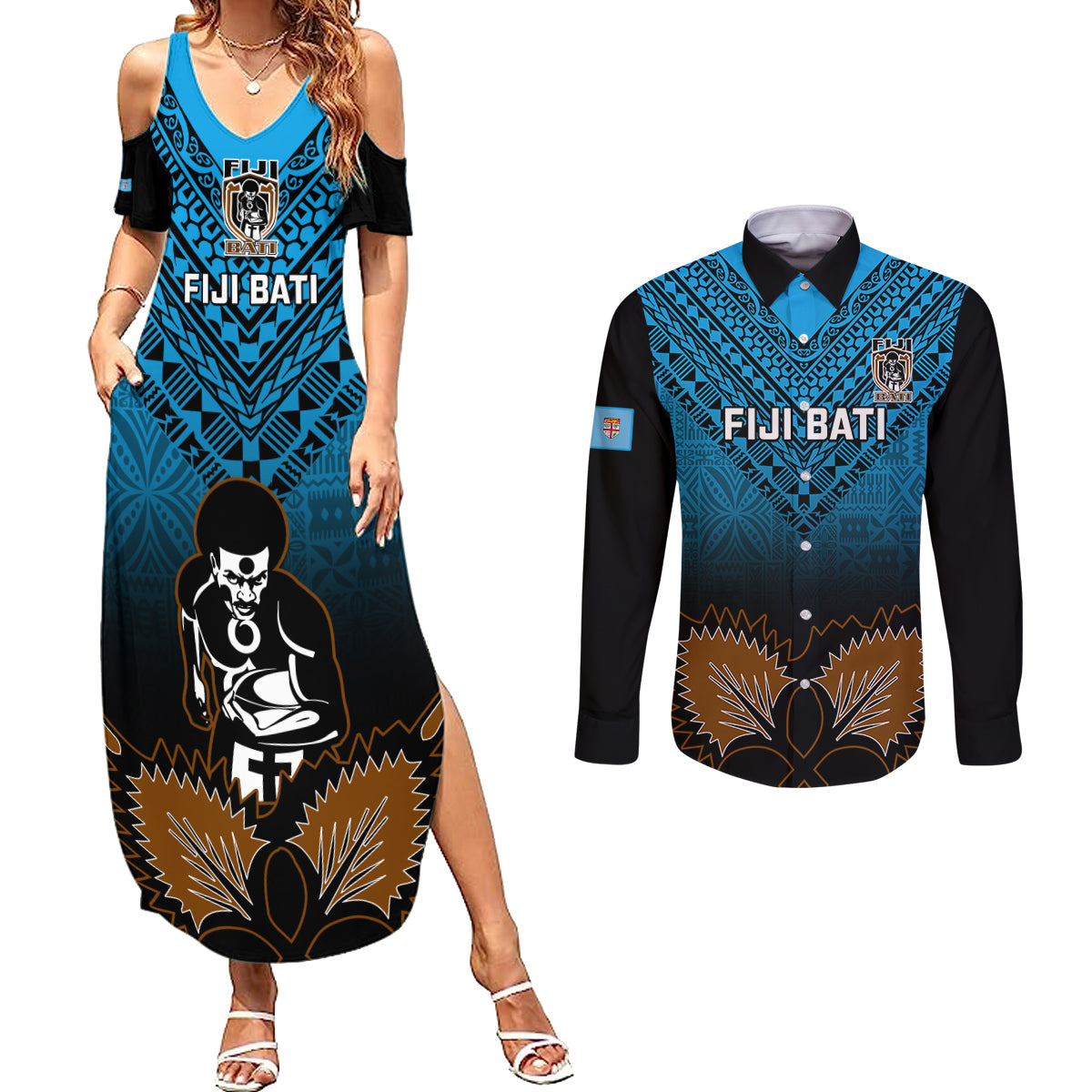 Custom Fiji Tapa Rugby Couples Matching Summer Maxi Dress and Long Sleeve Button Shirts Pacific 2023 Go Fijian Bati - Wonder Print Shop