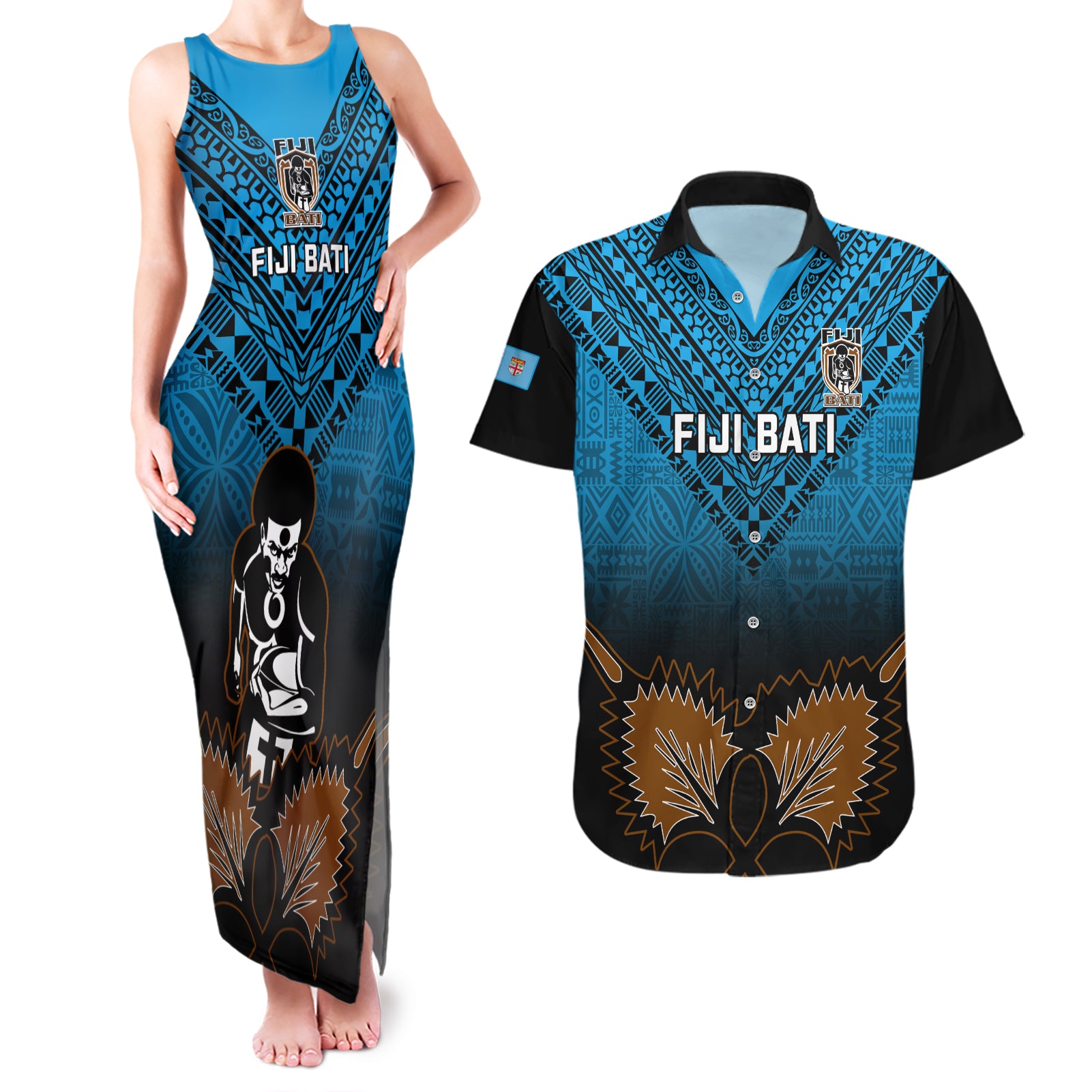 Custom Fiji Tapa Rugby Couples Matching Tank Maxi Dress and Hawaiian Shirt Pacific 2023 Go Fijian Bati - Wonder Print Shop