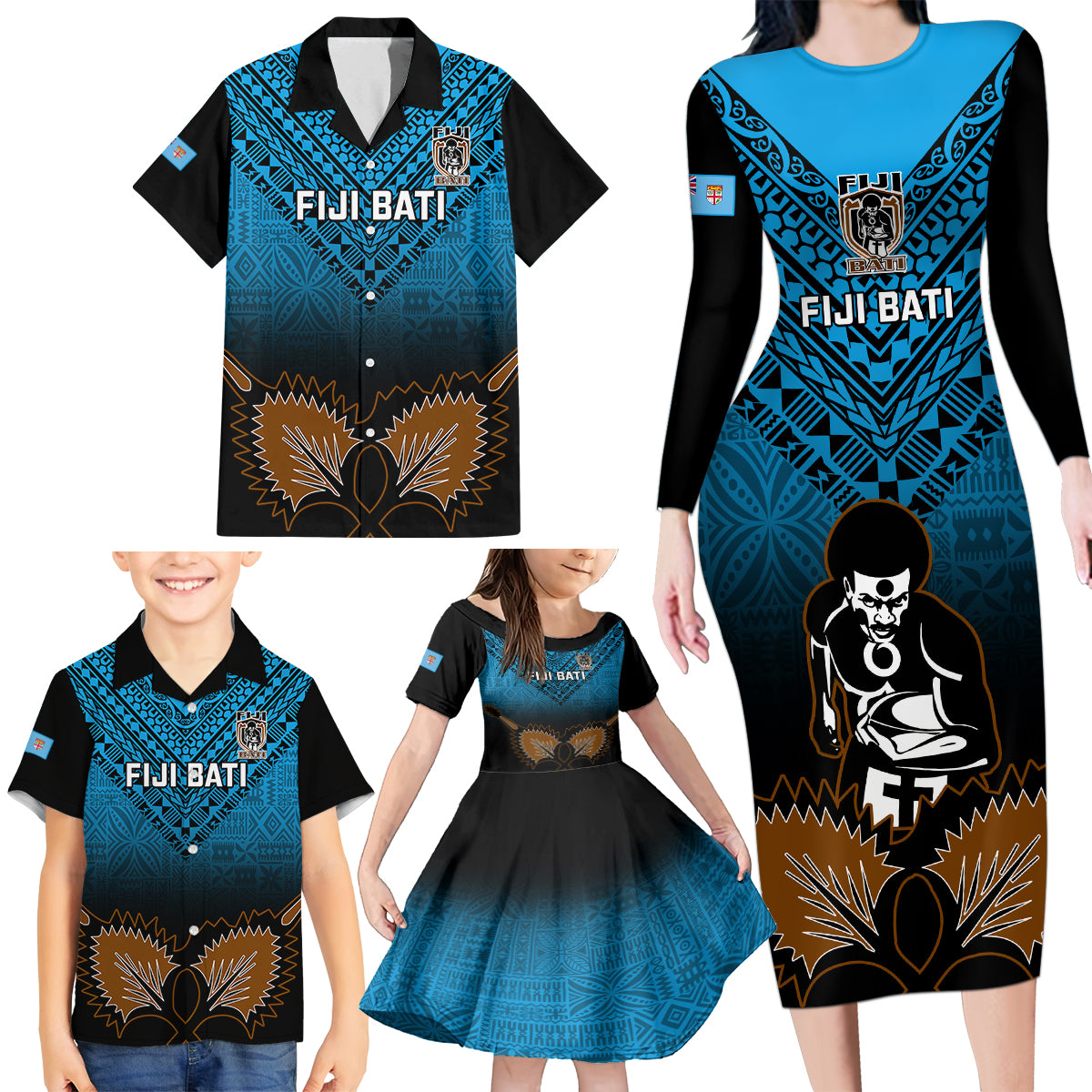 Custom Fiji Tapa Rugby Family Matching Long Sleeve Bodycon Dress and Hawaiian Shirt Pacific 2023 Go Fijian Bati - Wonder Print Shop