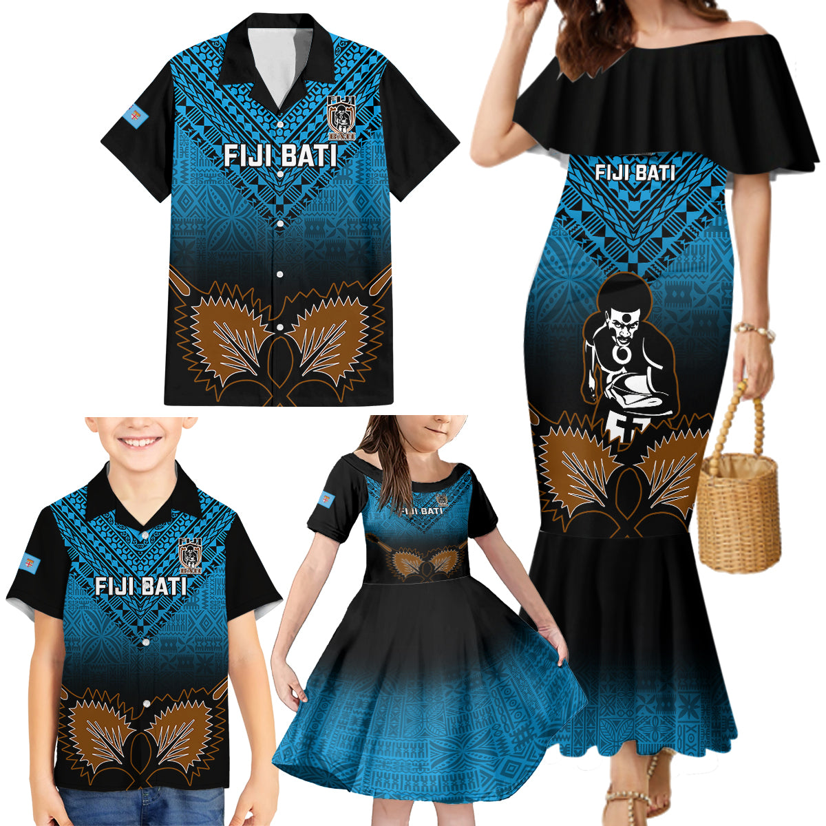 Custom Fiji Tapa Rugby Family Matching Mermaid Dress and Hawaiian Shirt Pacific 2023 Go Fijian Bati - Wonder Print Shop