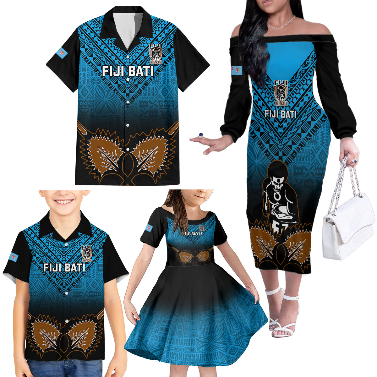 Custom Fiji Tapa Rugby Family Matching Off Shoulder Long Sleeve Dress and Hawaiian Shirt Pacific 2023 Go Fijian Bati - Wonder Print Shop