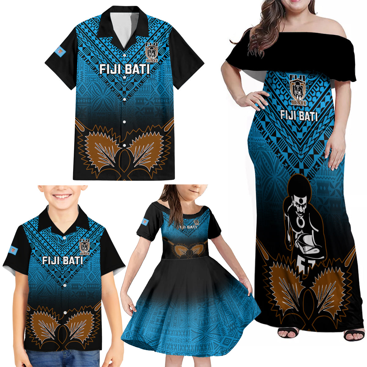 Custom Fiji Tapa Rugby Family Matching Off Shoulder Maxi Dress and Hawaiian Shirt Pacific 2023 Go Fijian Bati - Wonder Print Shop