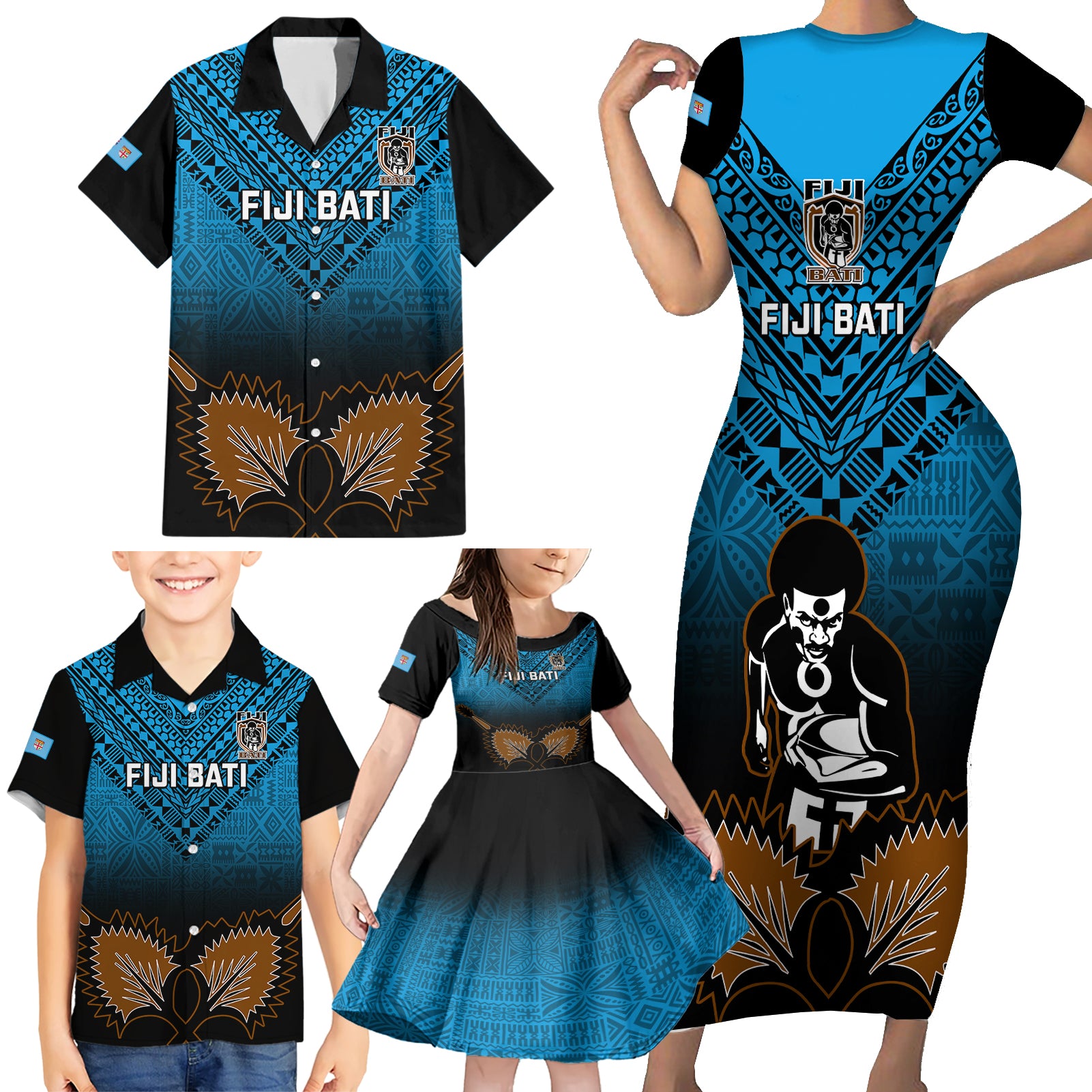 Custom Fiji Tapa Rugby Family Matching Short Sleeve Bodycon Dress and Hawaiian Shirt Pacific 2023 Go Fijian Bati - Wonder Print Shop