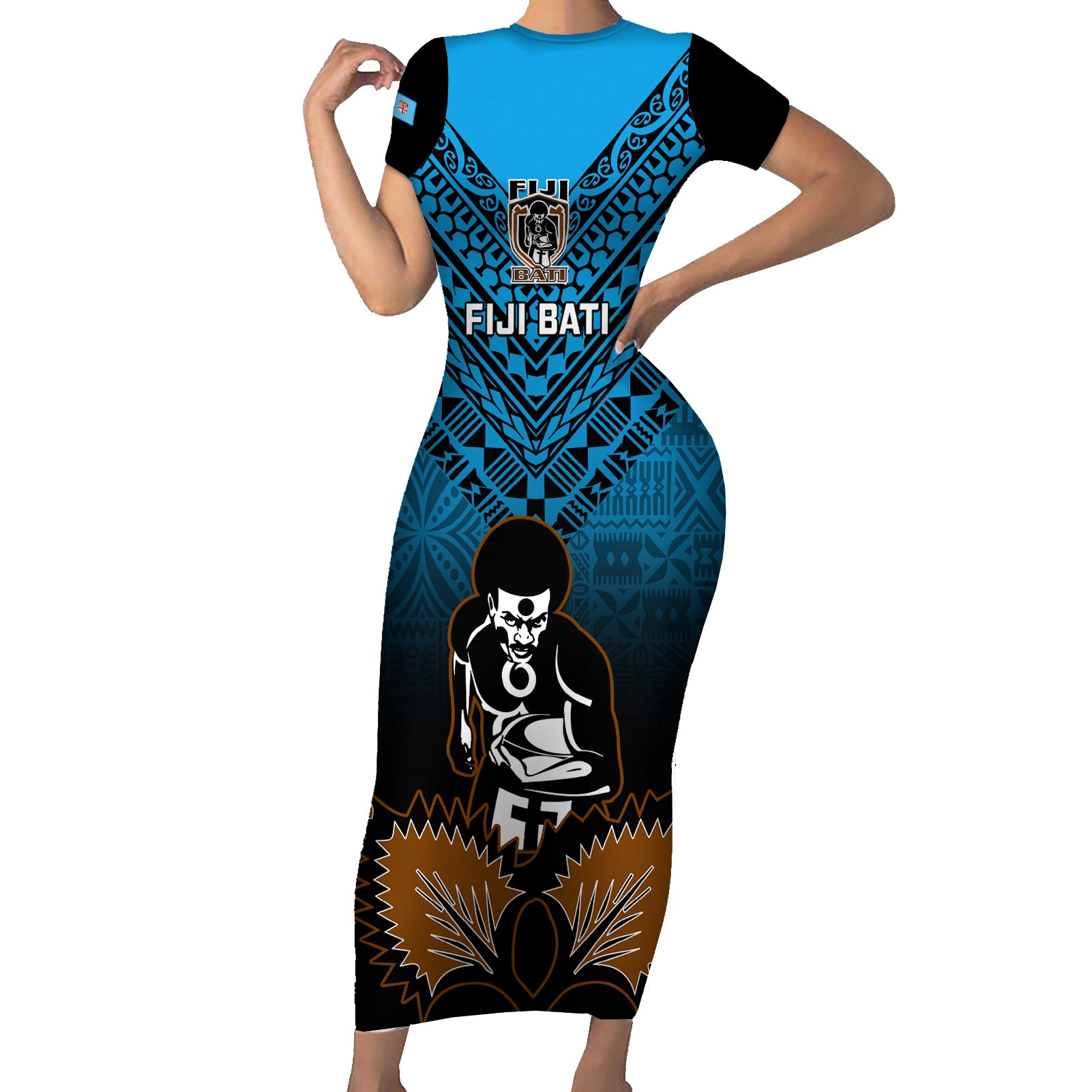 Custom Fiji Tapa Rugby Short Sleeve Bodycon Dress Pacific 2023 Go Fijian Bati - Wonder Print Shop