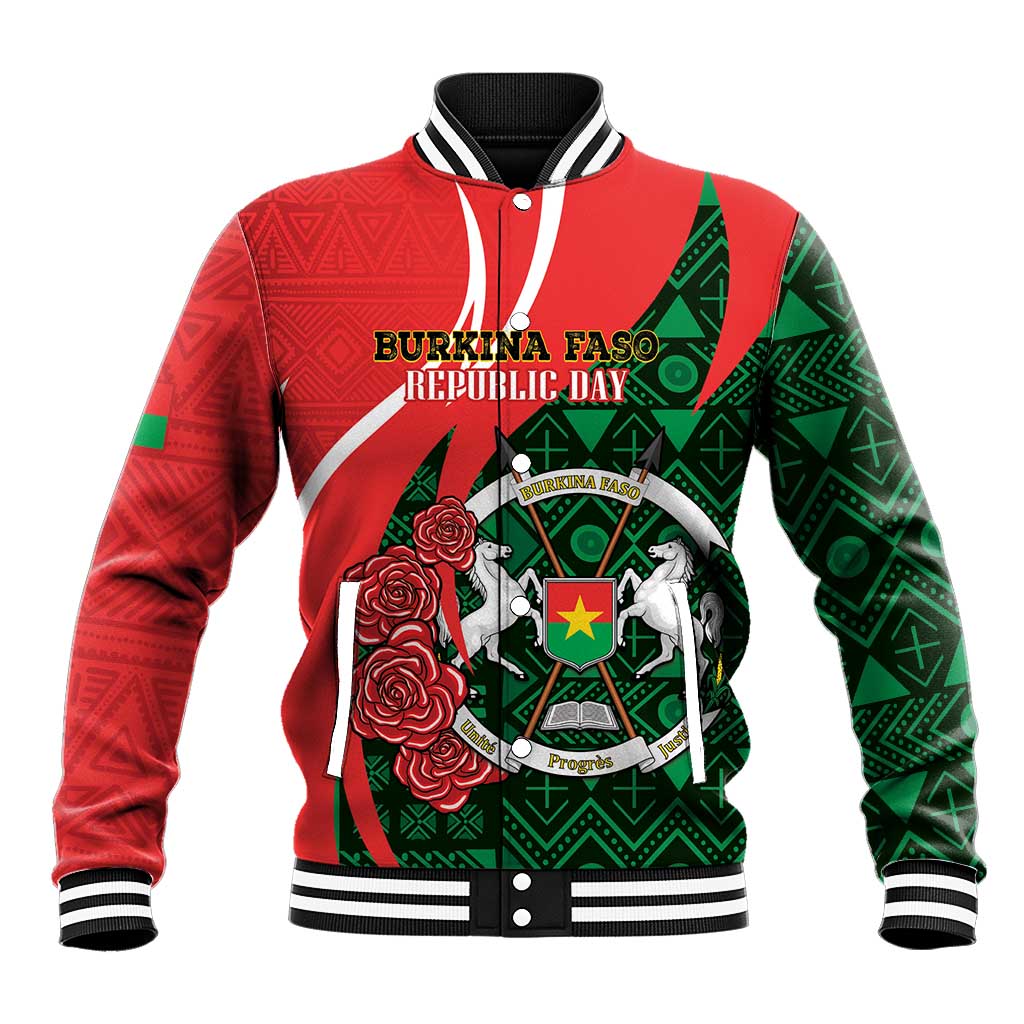 Red and green patterned baseball jacket with ribbed collar, button front, and crest graphic