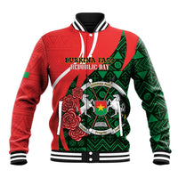 Red and green patterned baseball jacket with ribbed collar, button front, and crest graphic