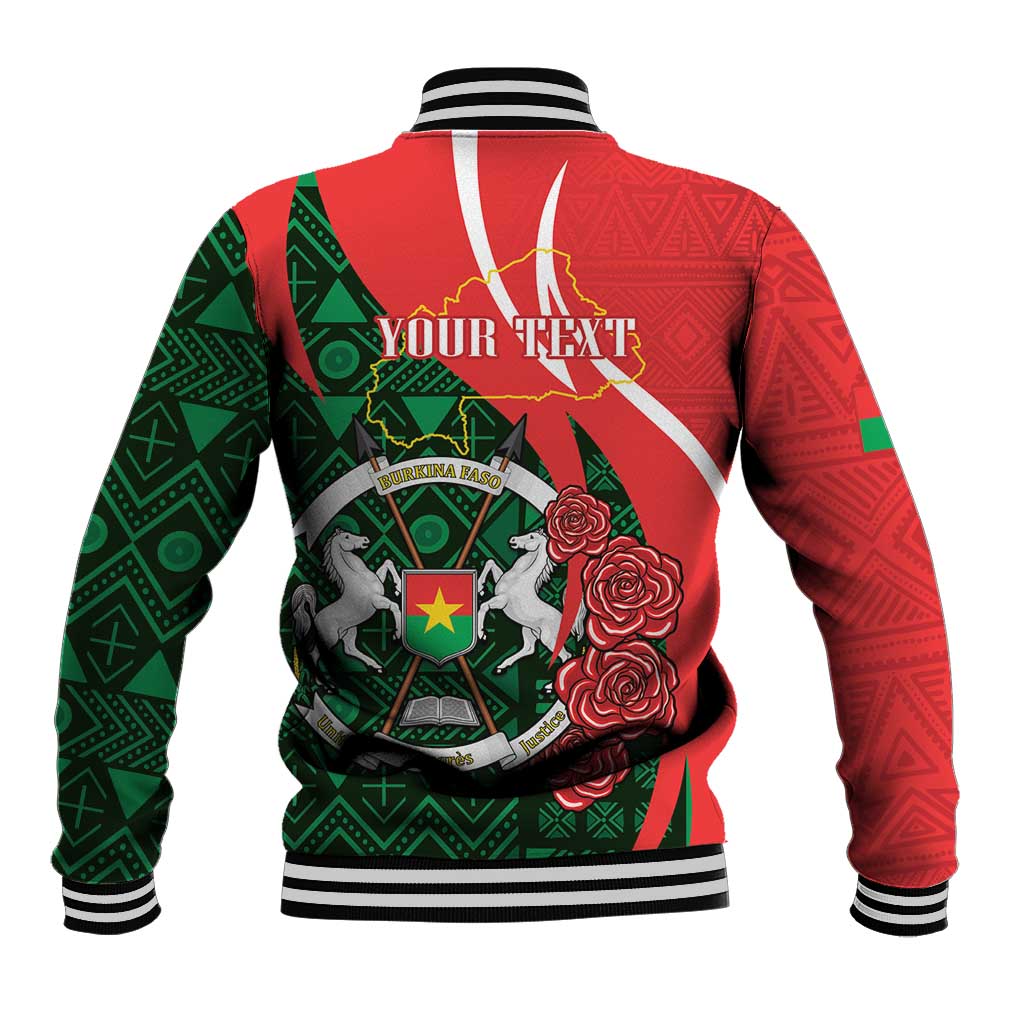 Red and green patterned baseball jacket back with ribbed collar, striped cuffs, and “YOUR TEXT”