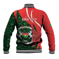 Red and green patterned baseball jacket back with ribbed collar, striped cuffs, and “YOUR TEXT”