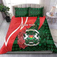 Personalized bedding set with red and green emblem design duvet cover and two pillowcases