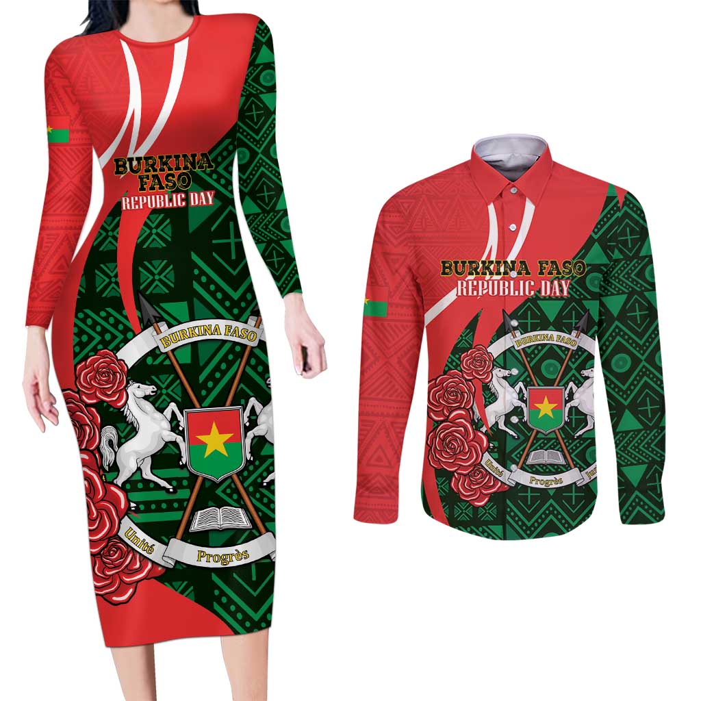 Personalised Burkina Faso Republic Day Couples Matching Long Sleeve Bodycon Dress and Long Sleeve Button Shirt Happy 66th Anniversary - Bogolan Pattern - Wonder Print Shop