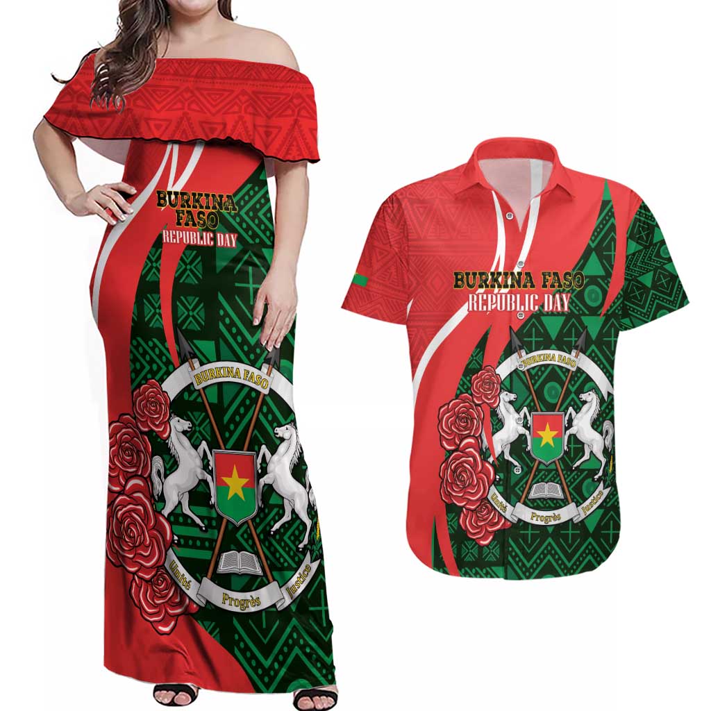 Personalised Burkina Faso Republic Day Couples Matching Off Shoulder Maxi Dress and Hawaiian Shirt Happy 66th Anniversary - Bogolan Pattern - Wonder Print Shop