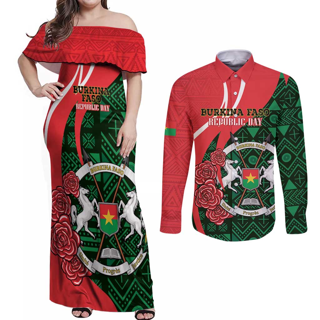 Personalised Burkina Faso Republic Day Couples Matching Off Shoulder Maxi Dress and Long Sleeve Button Shirt Happy 66th Anniversary - Bogolan Pattern - Wonder Print Shop