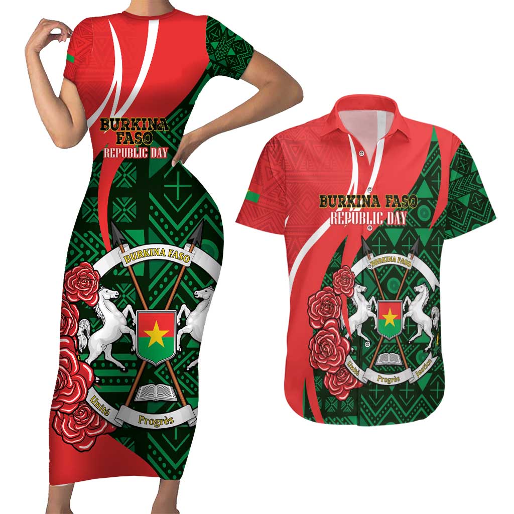 Personalised Burkina Faso Republic Day Couples Matching Short Sleeve Bodycon Dress and Hawaiian Shirt Happy 66th Anniversary - Bogolan Pattern - Wonder Print Shop