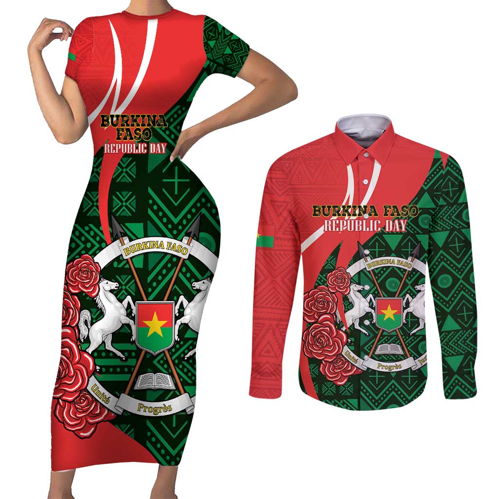 Personalised Burkina Faso Republic Day Couples Matching Short Sleeve Bodycon Dress and Long Sleeve Button Shirt Happy 66th Anniversary - Bogolan Pattern - Wonder Print Shop