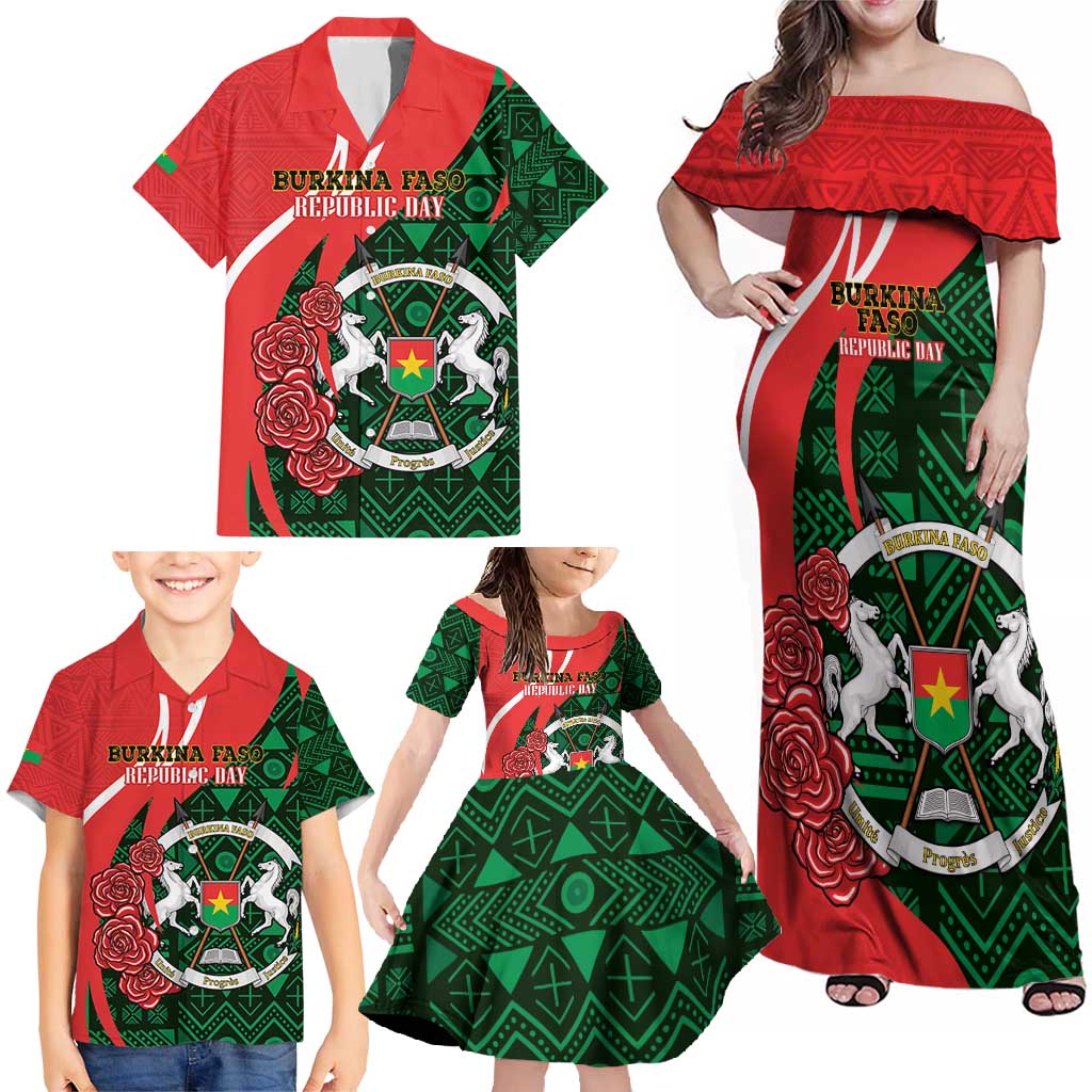 Personalised Burkina Faso Republic Day Family Matching Off Shoulder Maxi Dress and Hawaiian Shirt Happy 66th Anniversary - Bogolan Pattern - Wonder Print Shop