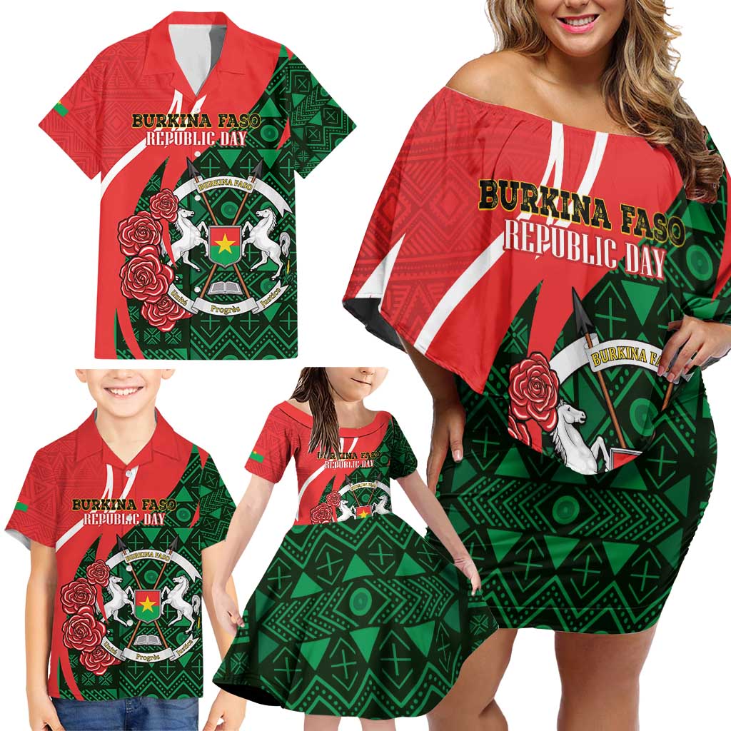 Personalised Burkina Faso Republic Day Family Matching Off Shoulder Short Dress and Hawaiian Shirt Happy 66th Anniversary - Bogolan Pattern - Wonder Print Shop