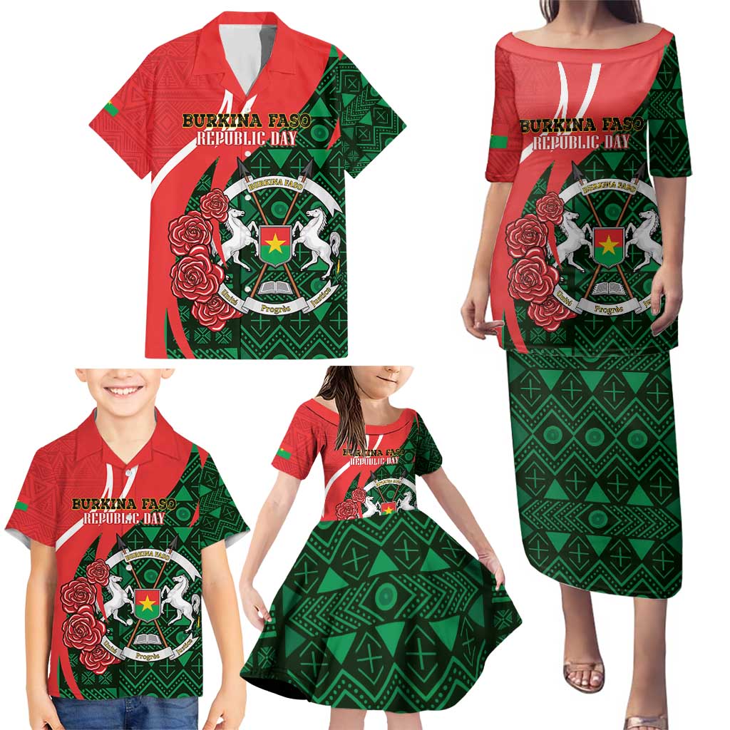 Personalised Burkina Faso Republic Day Family Matching Puletasi and Hawaiian Shirt Happy 66th Anniversary - Bogolan Pattern - Wonder Print Shop