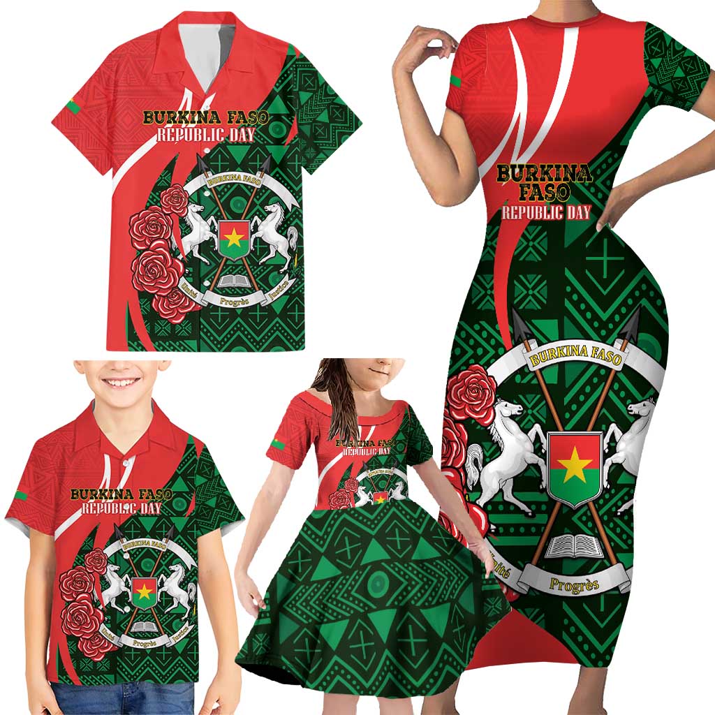 Personalised Burkina Faso Republic Day Family Matching Short Sleeve Bodycon Dress and Hawaiian Shirt Happy 66th Anniversary - Bogolan Pattern - Wonder Print Shop