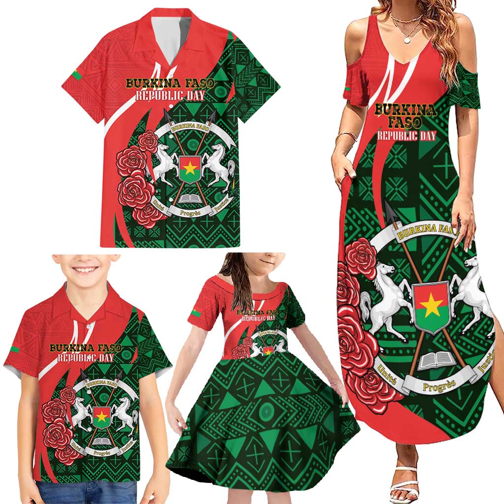 Personalised Burkina Faso Republic Day Family Matching Summer Maxi Dress and Hawaiian Shirt Happy 66th Anniversary - Bogolan Pattern - Wonder Print Shop