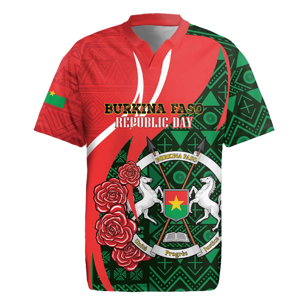 Personalised Burkina Faso Republic Day Rugby Jersey Happy 66th Anniversary - Bogolan Pattern - Wonder Print Shop