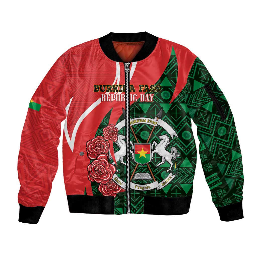 Personalised Burkina Faso Republic Day Sleeve Zip Bomber Jacket Happy 66th Anniversary - Bogolan Pattern - Wonder Print Shop