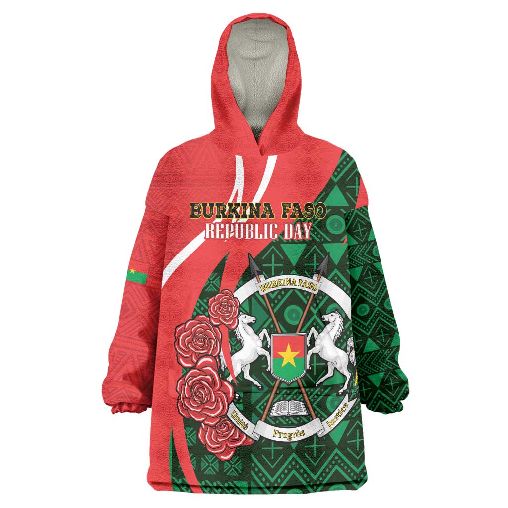 Personalised Burkina Faso Republic Day Wearable Blanket Hoodie Happy 66th Anniversary - Bogolan Pattern