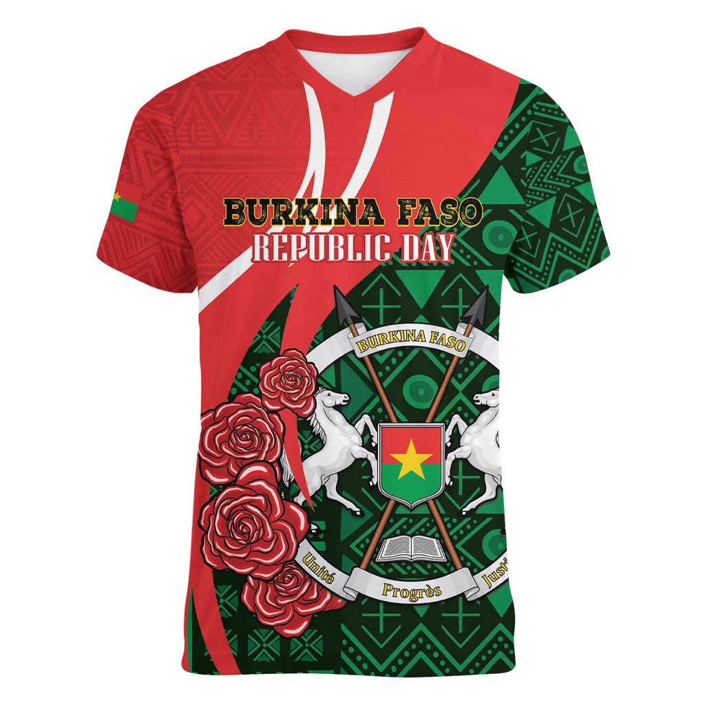 Personalised Burkina Faso Republic Day Women V-Neck T-Shirt Happy 66th Anniversary - Bogolan Pattern - Wonder Print Shop