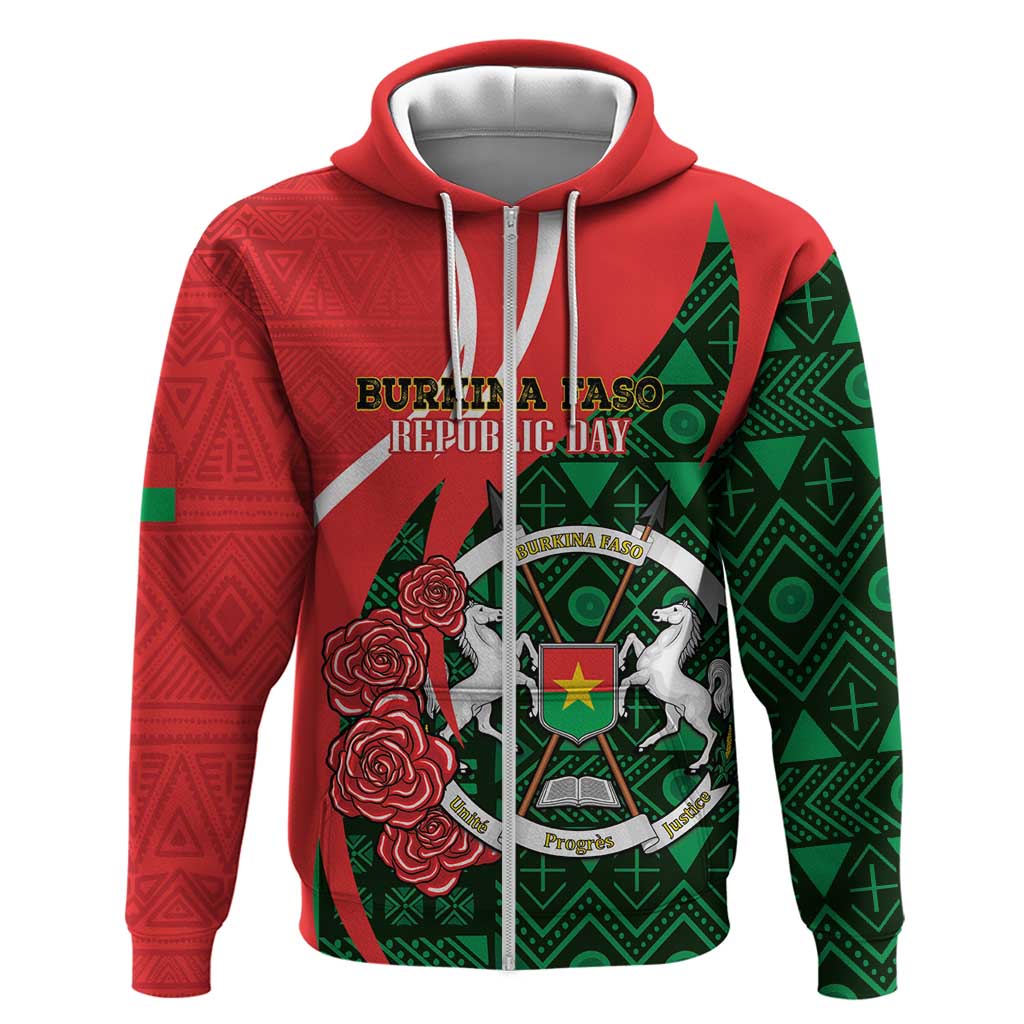 Personalised Burkina Faso Republic Day Zip Hoodie Happy 66th Anniversary - Bogolan Pattern - Wonder Print Shop