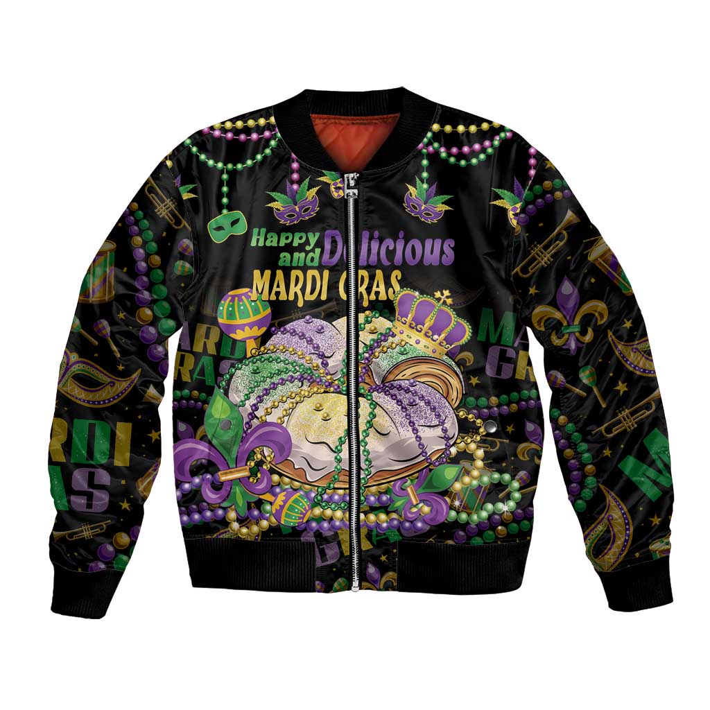 Black unisex bomber jacket with Mardi Gras king cake and bead graphic, full front zip