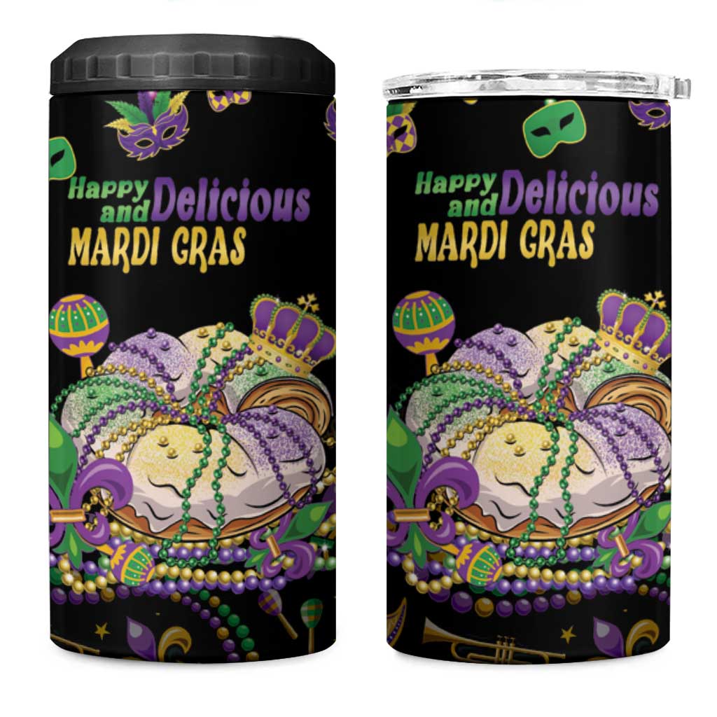 Happy And Delicious Mardi Gras 4 in 1 Can Cooler Tumbler King Cake And Luxury Beadeds - Wonder Print Shop