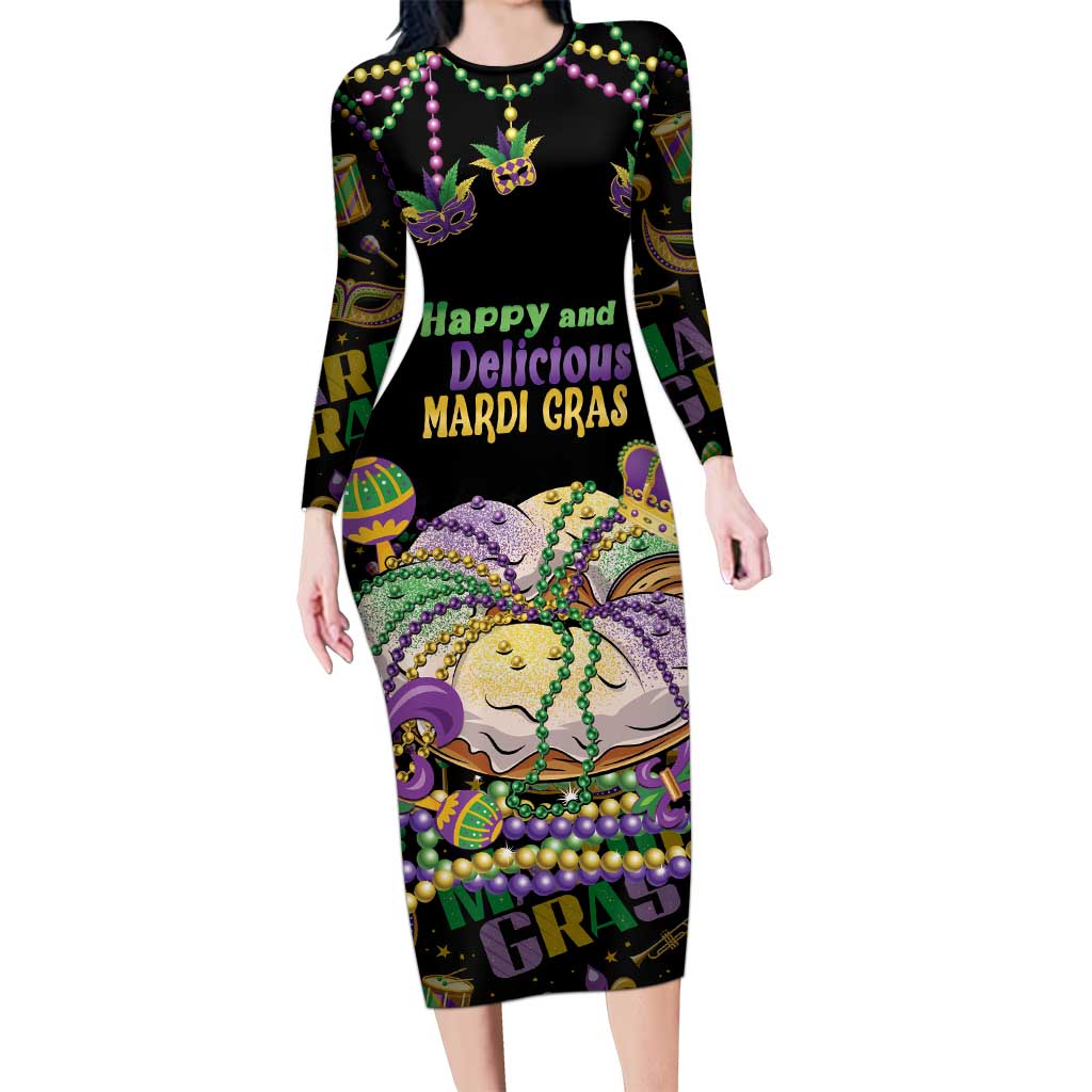 Happy And Delicious Mardi Gras Long Sleeve Bodycon Dress King Cake And Luxury Beadeds - Wonder Print Shop