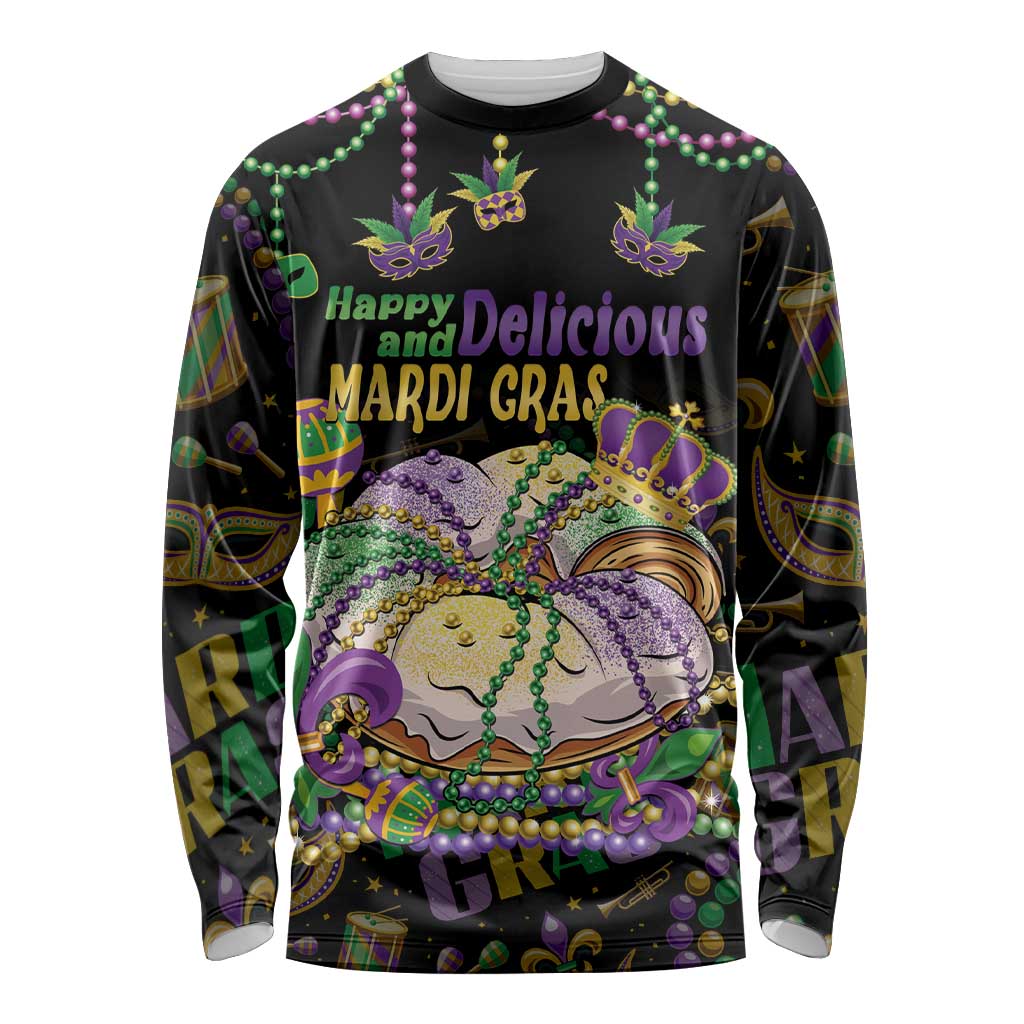 Happy And Delicious Mardi Gras Long Sleeve Shirt King Cake And Luxury Beadeds - Wonder Print Shop