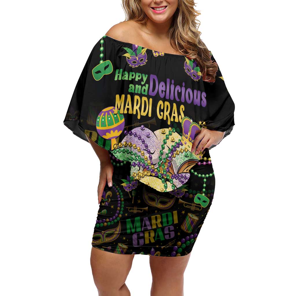 Happy And Delicious Mardi Gras Off Shoulder Short Dress King Cake And Luxury Beadeds - Wonder Print Shop