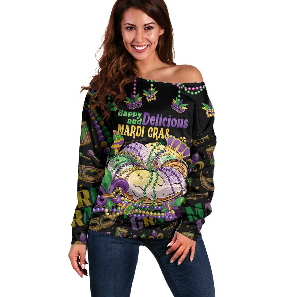 Happy And Delicious Mardi Gras Off Shoulder Sweater King Cake And Luxury Beadeds