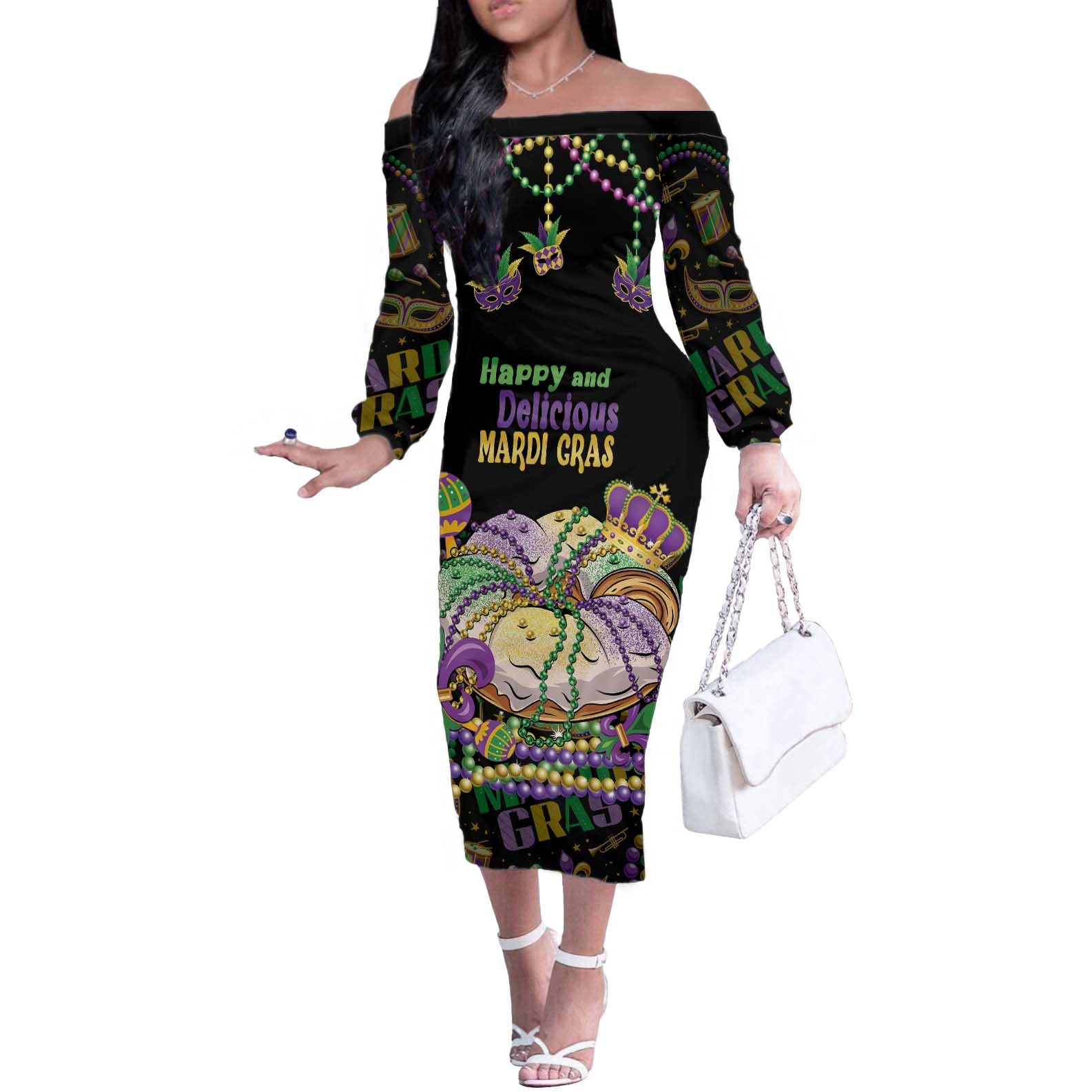 Happy And Delicious Mardi Gras Off The Shoulder Long Sleeve Dress King Cake And Luxury Beadeds - Wonder Print Shop