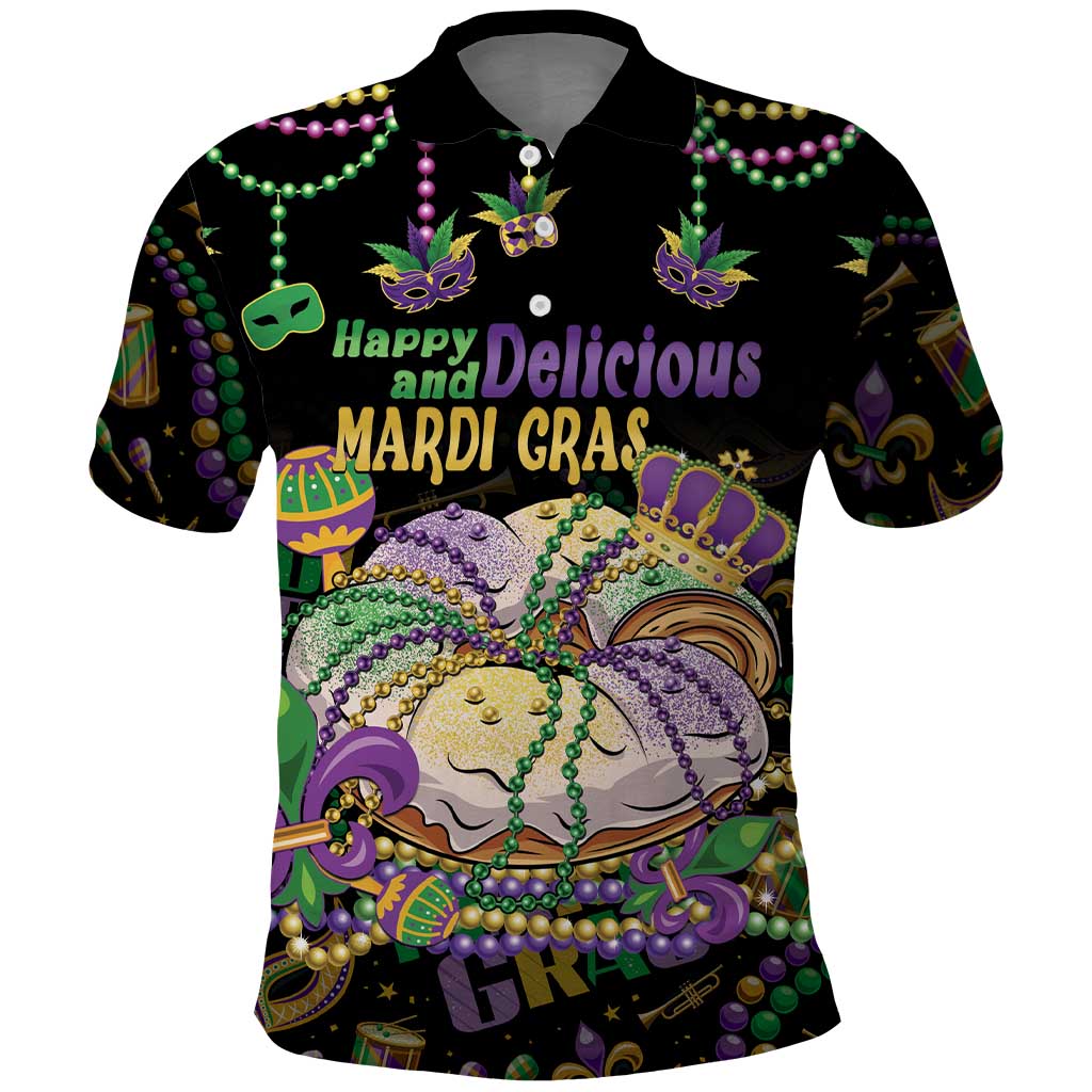 Happy And Delicious Mardi Gras Polo Shirt King Cake And Luxury Beadeds