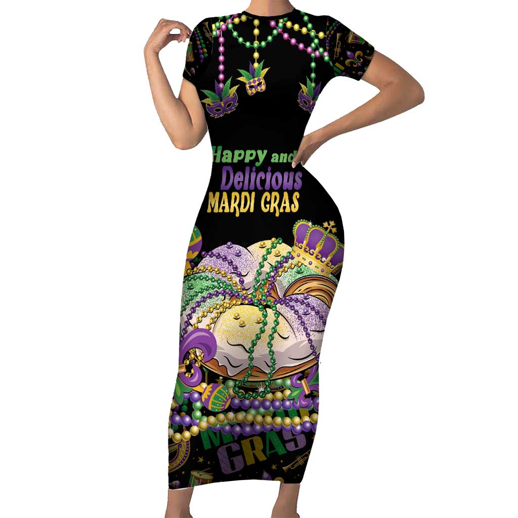 Happy And Delicious Mardi Gras Short Sleeve Bodycon Dress King Cake And Luxury Beadeds - Wonder Print Shop