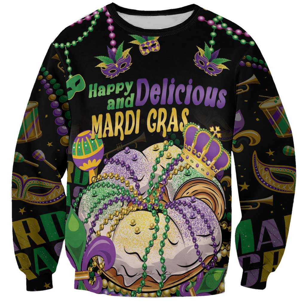 Black unisex crewneck sweatshirt with colorful Mardi Gras king cake beadwork graphic