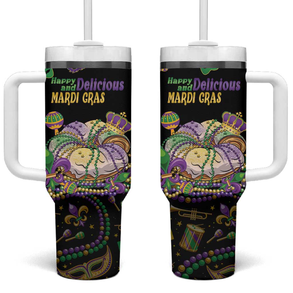 Happy And Delicious Mardi Gras Tumbler With Handle King Cake And Luxury Beadeds - Wonder Print Shop