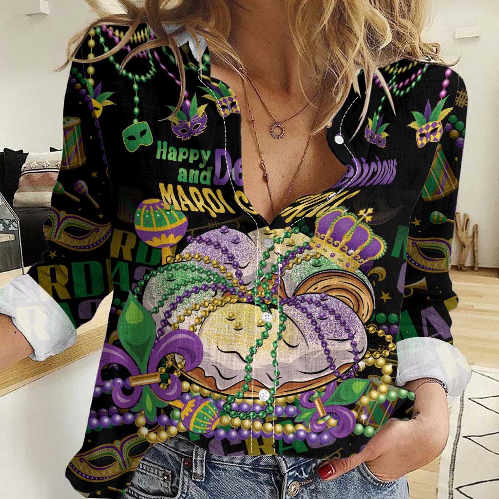 Happy And Delicious Mardi Gras Women Casual Shirt King Cake And Luxury Beadeds