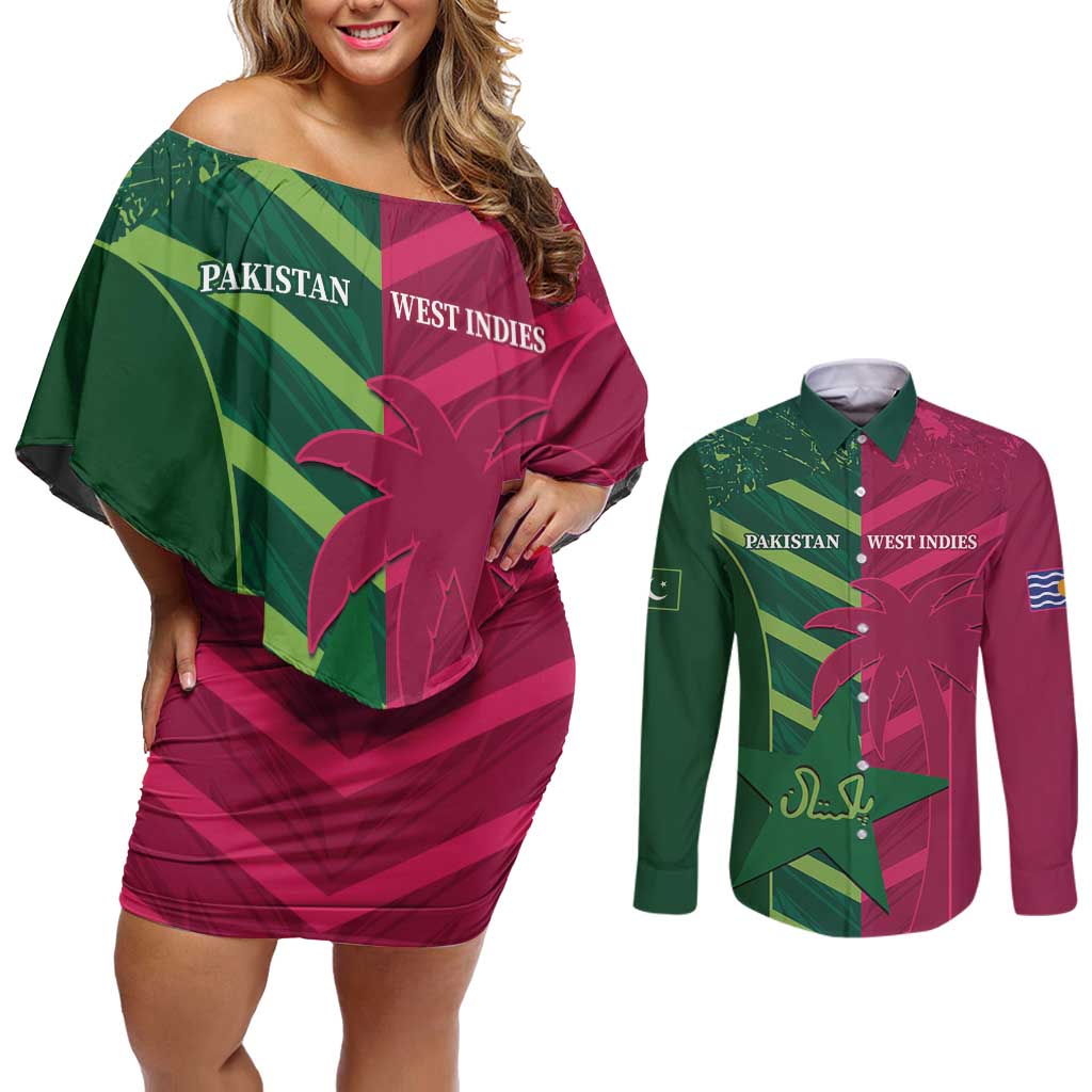 Custom West Indies And Pakistan Cricket Couples Matching Off Shoulder Short Dress and Long Sleeve Button Shirt 2025 Windies Shaheens Together - Wonder Print Shop