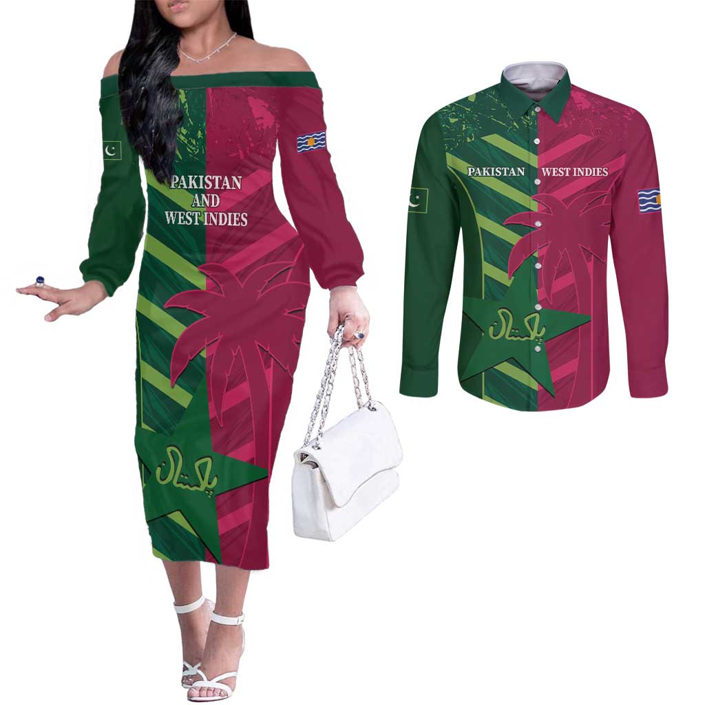 Custom West Indies And Pakistan Cricket Couples Matching Off The Shoulder Long Sleeve Dress and Long Sleeve Button Shirt 2025 Windies Shaheens Together