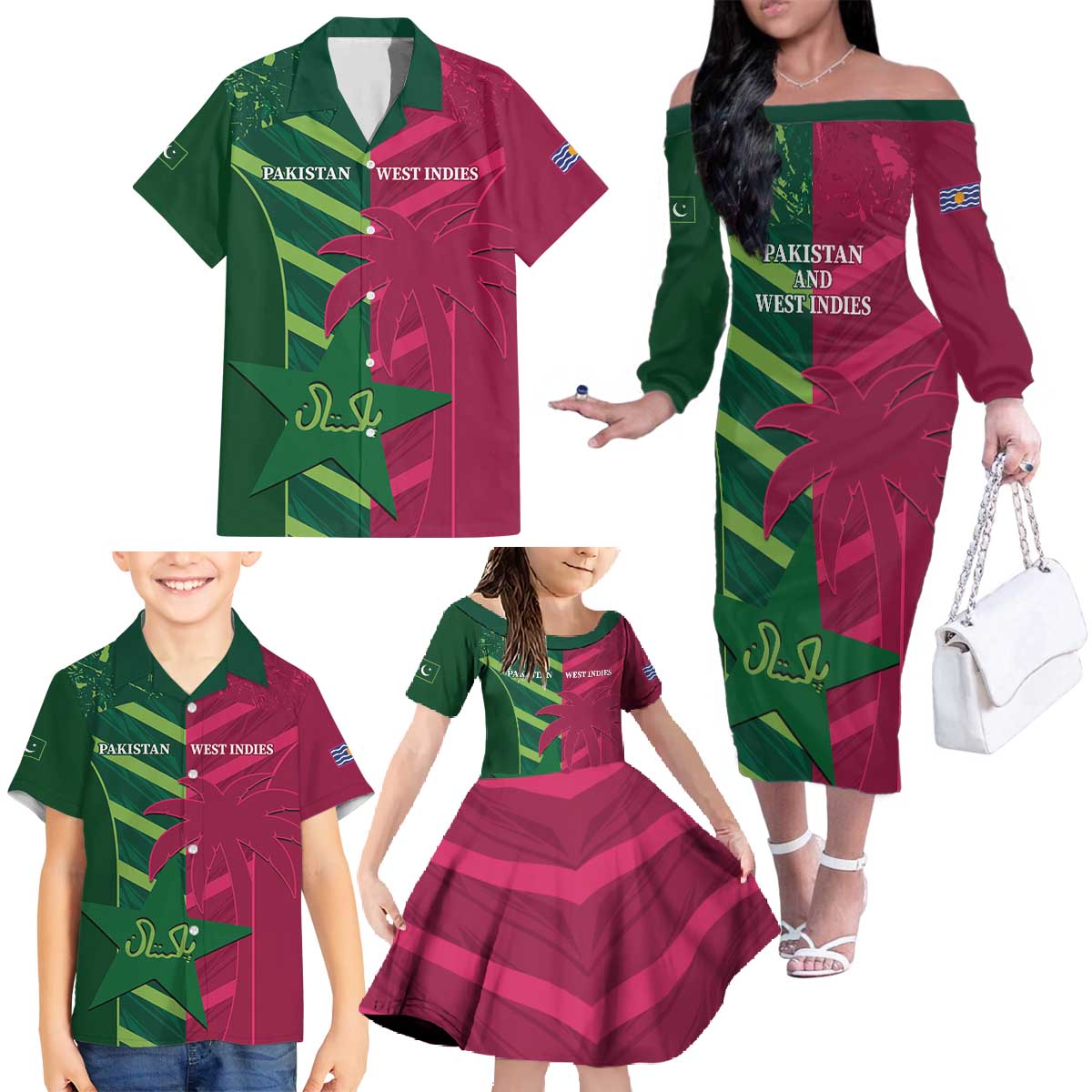 Custom West Indies And Pakistan Cricket Family Matching Off The Shoulder Long Sleeve Dress and Hawaiian Shirt 2025 Windies Shaheens Together - Wonder Print Shop