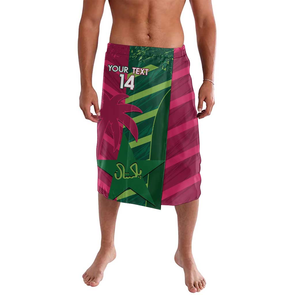 Custom cricket lavalava with green and magenta palm graphic and '14' front print