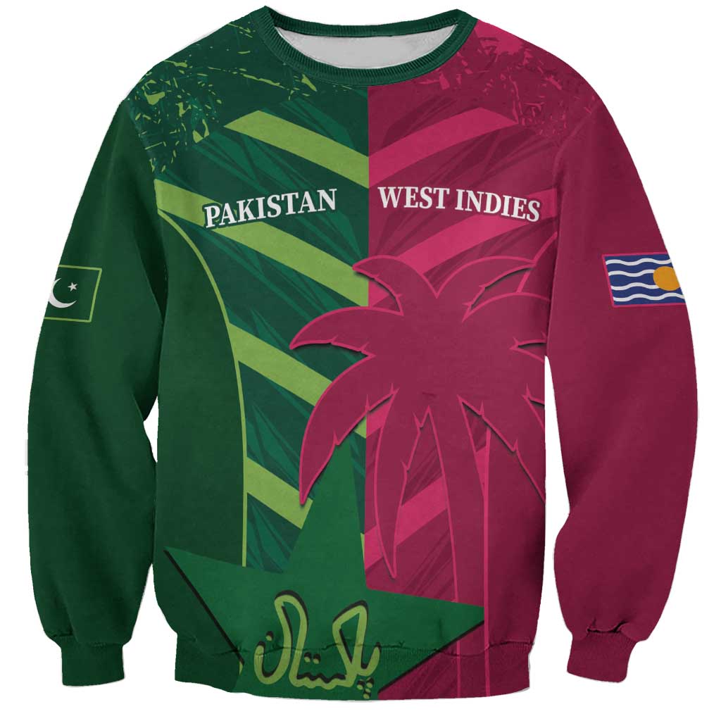 Unisex cricket sweatshirt in green and maroon with palm graphic and Pakistan/West Indies text