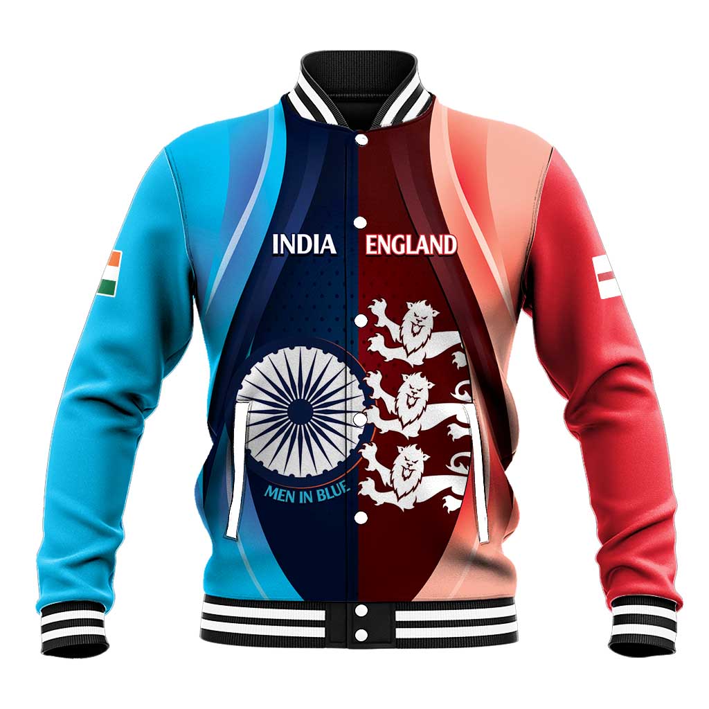Colorblock cricket baseball jacket with ribbed cuffs, blue/red panels, India and England crests