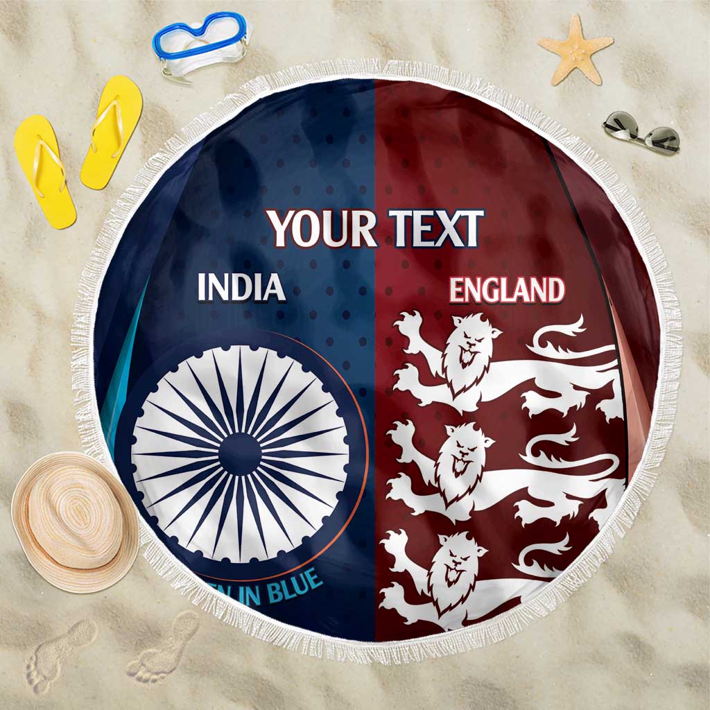 Custom India And England Cricket Beach Blanket 2025 Men In Blue Three Lions Together - Wonder Print Shop