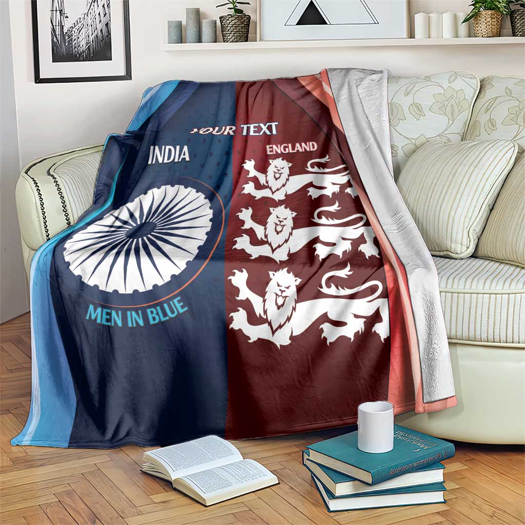 Cricket blanket with blue and maroon panels, India emblem and England lion, 'YOUR TEXT'