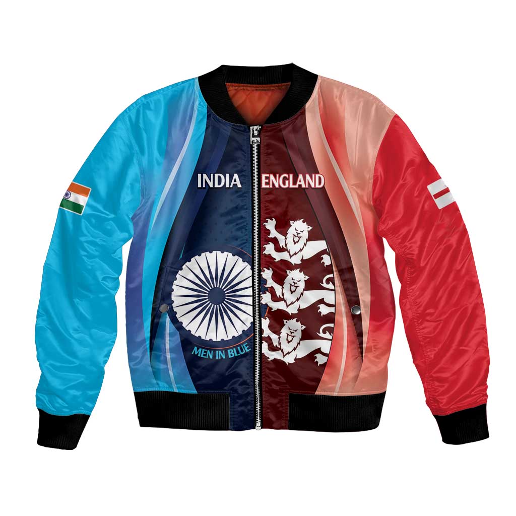 Men's blue bomber jacket with India and England graphic panel on front