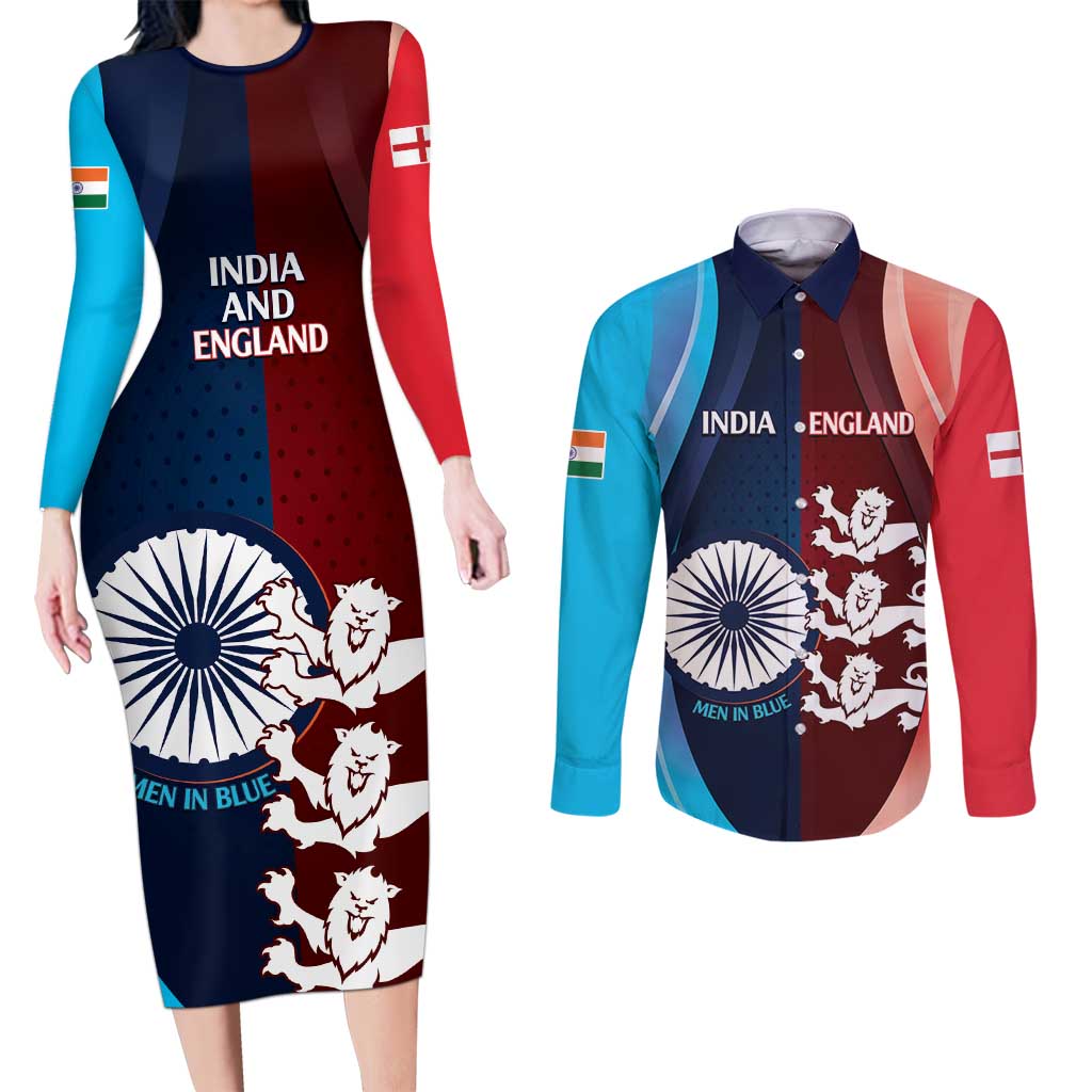 Custom India And England Cricket Couples Matching Long Sleeve Bodycon Dress and Long Sleeve Button Shirt 2025 Men In Blue Three Lions Together - Wonder Print Shop